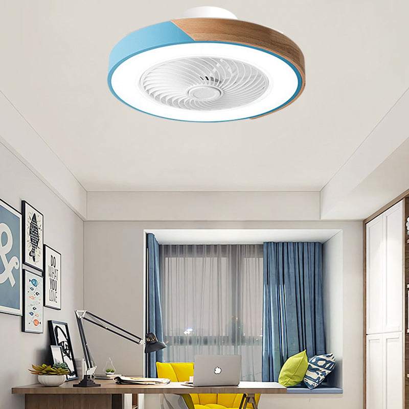 Contemporary Scandinavian Round Iron Solid Wood LED Ceiling Fan Light for Bedroom
