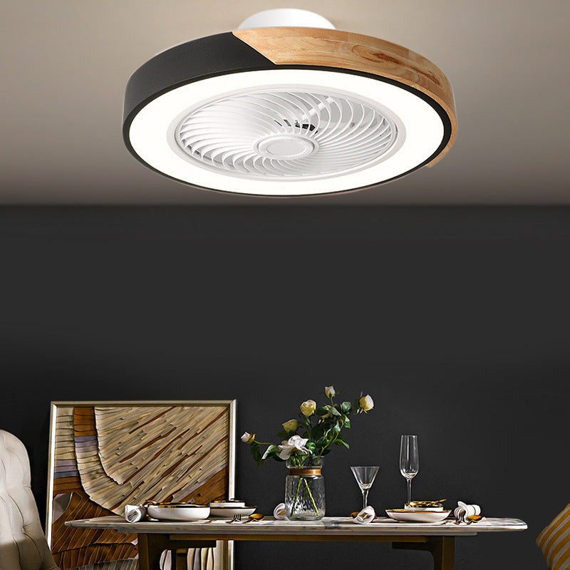 Scandinavian Iron Wood LED Ceiling Fan Light - Silent Semi-Flush Mount for Bedroom