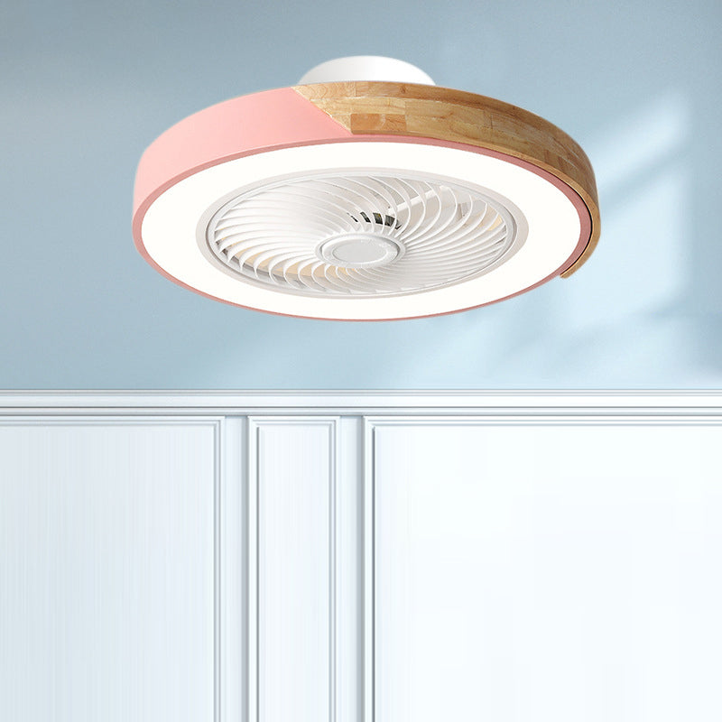 Contemporary Scandinavian Round Iron Solid Wood LED Ceiling Fan Light for Bedroom