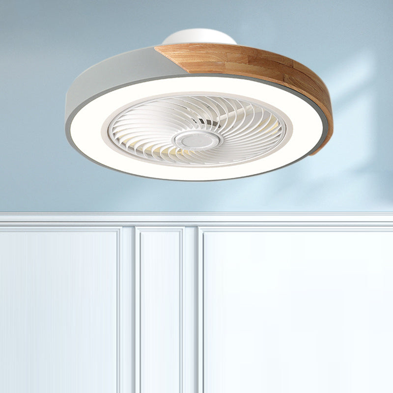 Contemporary Scandinavian Round Iron Solid Wood LED Ceiling Fan Light for Bedroom