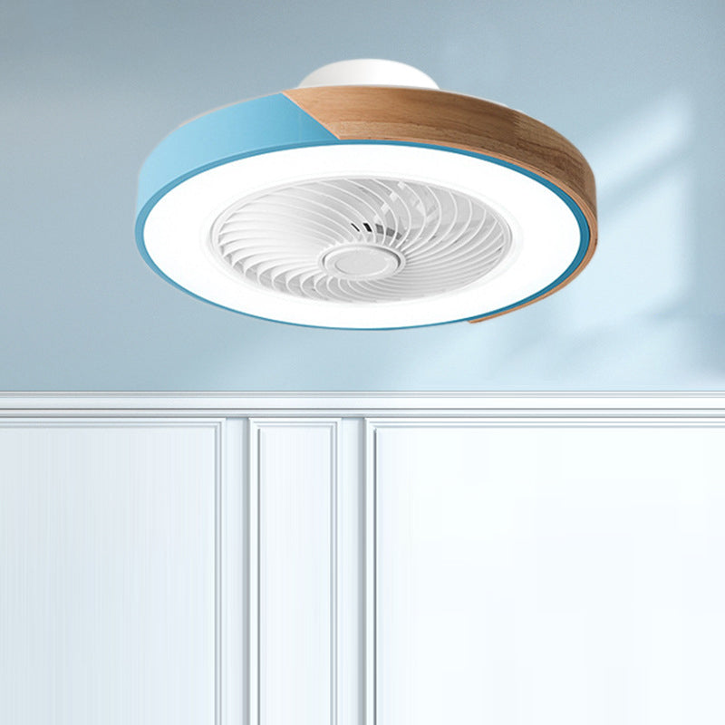 Contemporary Scandinavian Round Iron Solid Wood LED Ceiling Fan Light for Bedroom