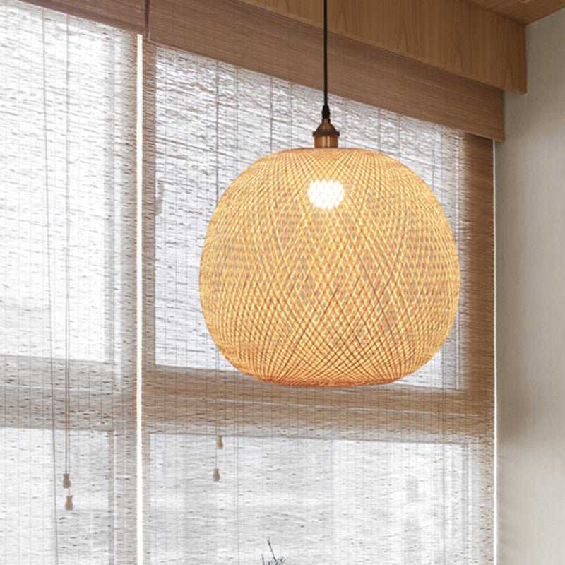 Traditional Bamboo Woven Round Orb Pendant Light - 1-Light for Bedroom