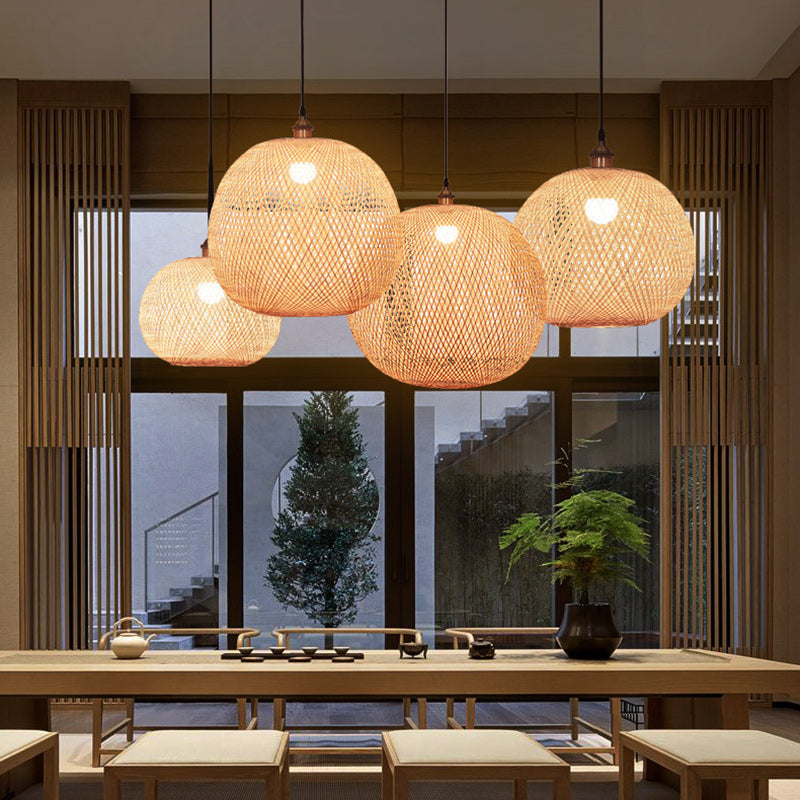 Traditional Bamboo Woven Round Orb Pendant Light - 1-Light for Bedroom