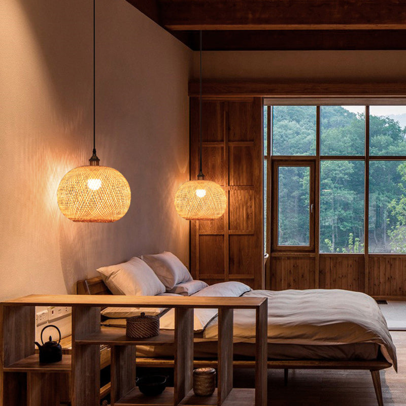 Traditional Bamboo Woven Round Orb Pendant Light - 1-Light for Bedroom