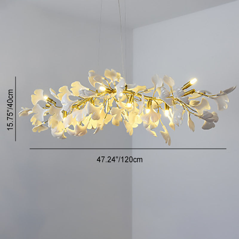 Ginkgo Leaf Linear Iron Ceramic Chandelier - 6/8/10/12 Light for Bedroom & Dining Room