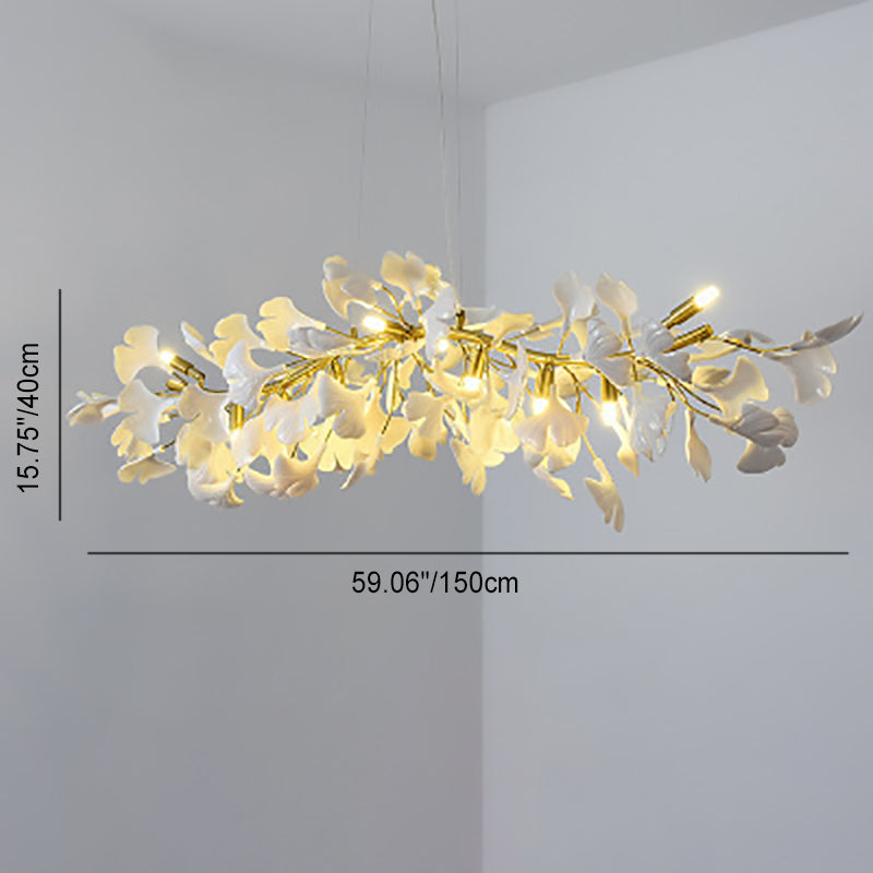 Ginkgo Leaf Linear Iron Ceramic Chandelier - 6/8/10/12 Light for Bedroom & Dining Room