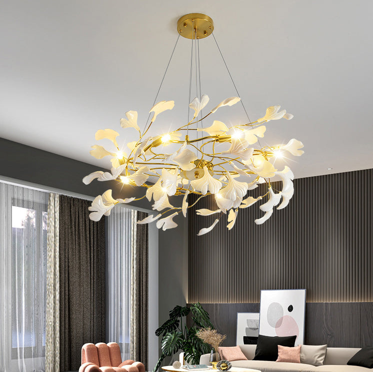 Ginkgo Leaf Linear Iron Ceramic Chandelier - 6/8/10/12 Light for Bedroom & Dining Room