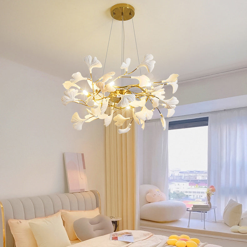 Ginkgo Leaf Linear Iron Ceramic Chandelier - 6/8/10/12 Light for Bedroom & Dining Room