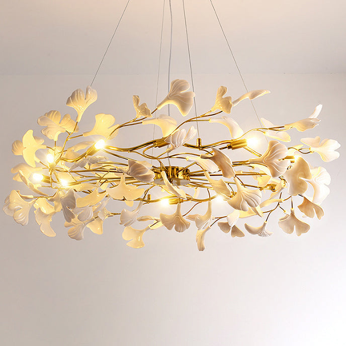 Ginkgo Leaf Linear Iron Ceramic Chandelier - 6/8/10/12 Light for Bedroom & Dining Room