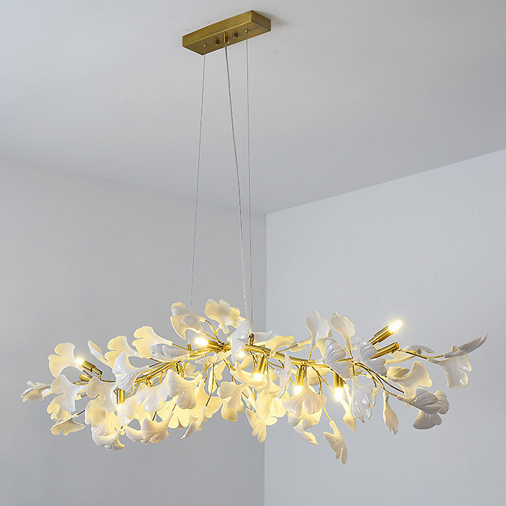 Ginkgo Leaf Linear Iron Ceramic Chandelier - 6/8/10/12 Light for Bedroom & Dining Room