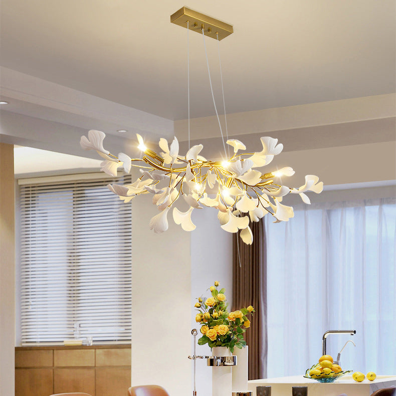 Ginkgo Leaf Linear Iron Ceramic Chandelier - 6/8/10/12 Light for Bedroom & Dining Room