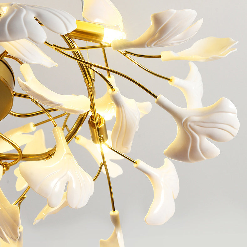 Ginkgo Leaf Linear Iron Ceramic Chandelier - 6/8/10/12 Light for Bedroom & Dining Room