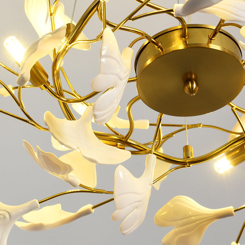 Ginkgo Leaf Linear Iron Ceramic Chandelier - 6/8/10/12 Light for Bedroom & Dining Room