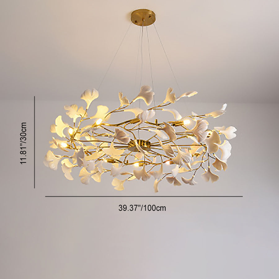 Ginkgo Leaf Linear Iron Ceramic Chandelier - 6/8/10/12 Light for Bedroom & Dining Room
