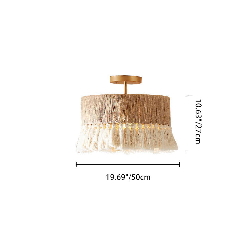 Contemporary Boho Tassel Semi-Flush Mount Ceiling Light - Hemp Rope & Cotton Design for Bedroom Lighting