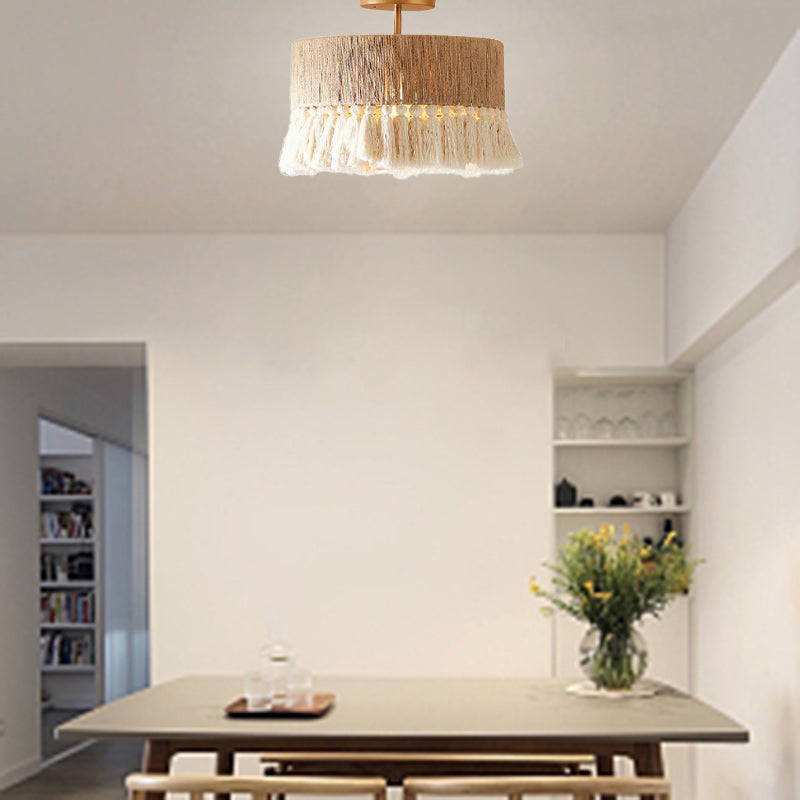Contemporary Boho Tassel Semi-Flush Mount Ceiling Light - Hemp Rope & Cotton Design for Bedroom Lighting
