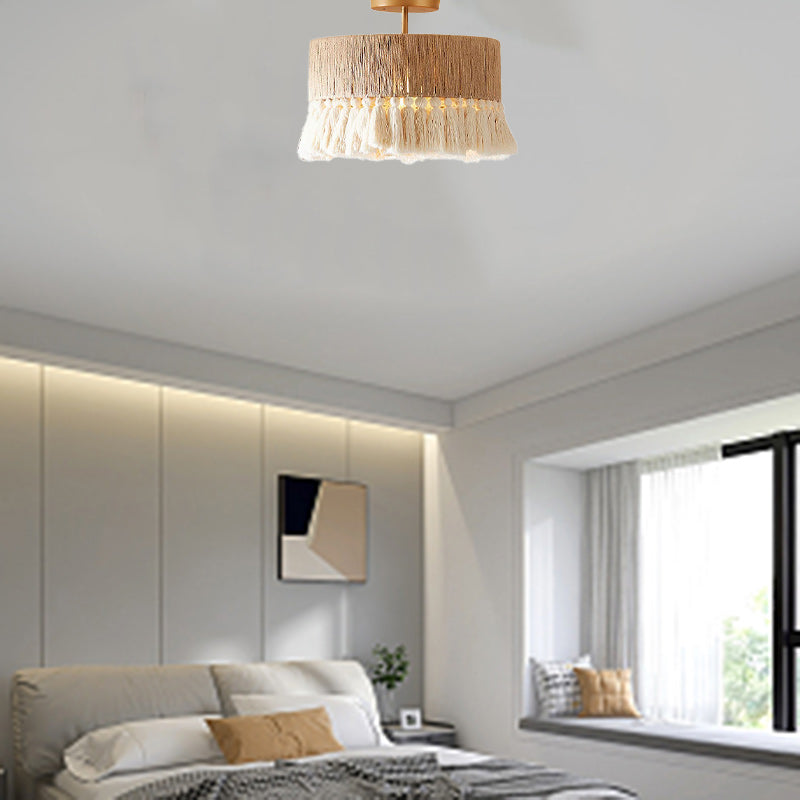 Contemporary Boho Tassel Semi-Flush Mount Ceiling Light - Hemp Rope & Cotton Design for Bedroom Lighting