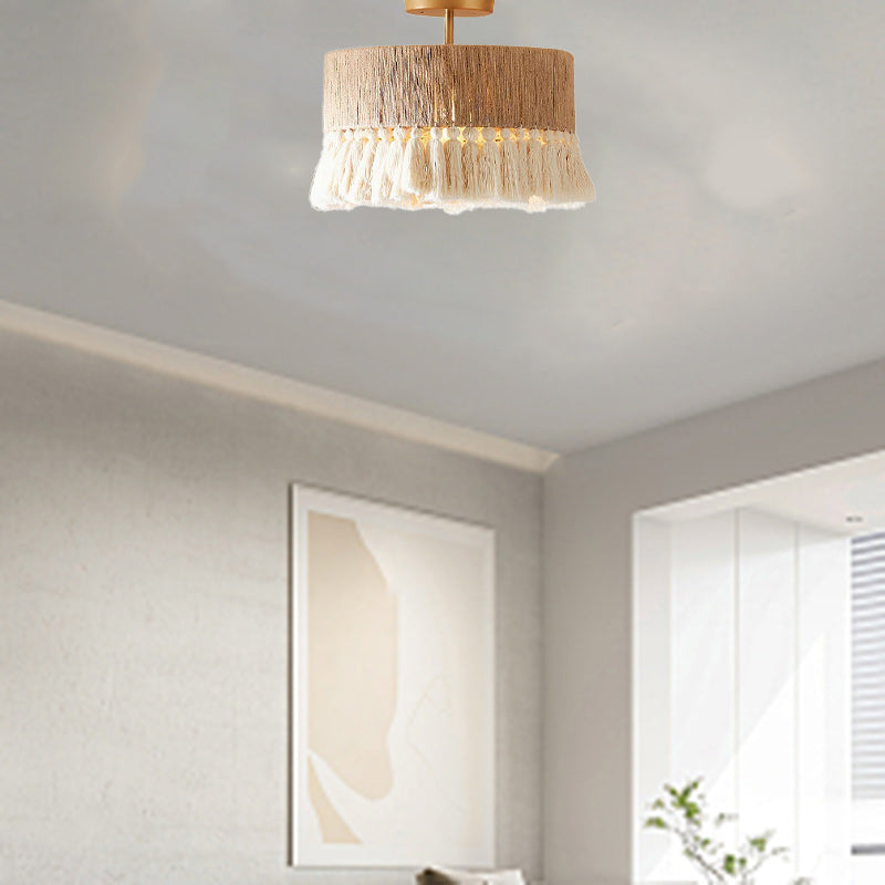Contemporary Boho Tassel Semi-Flush Mount Ceiling Light - Hemp Rope & Cotton Design for Bedroom Lighting