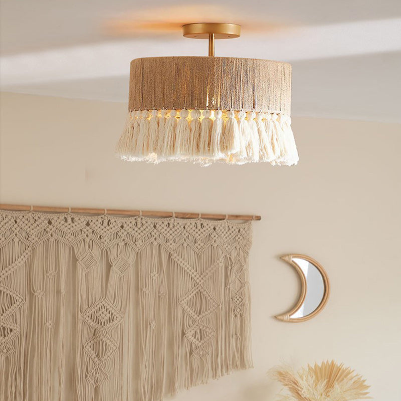 Contemporary Boho Tassel Semi-Flush Mount Ceiling Light - Hemp Rope & Cotton Design for Bedroom Lighting