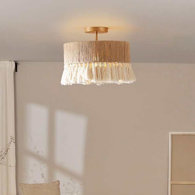 Contemporary Boho Tassel Semi-Flush Mount Ceiling Light - Hemp Rope & Cotton Design for Bedroom Lighting