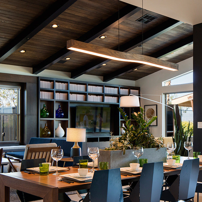 Modern Minimalist Wood Grain Iron LED Chandelier for Dining Room