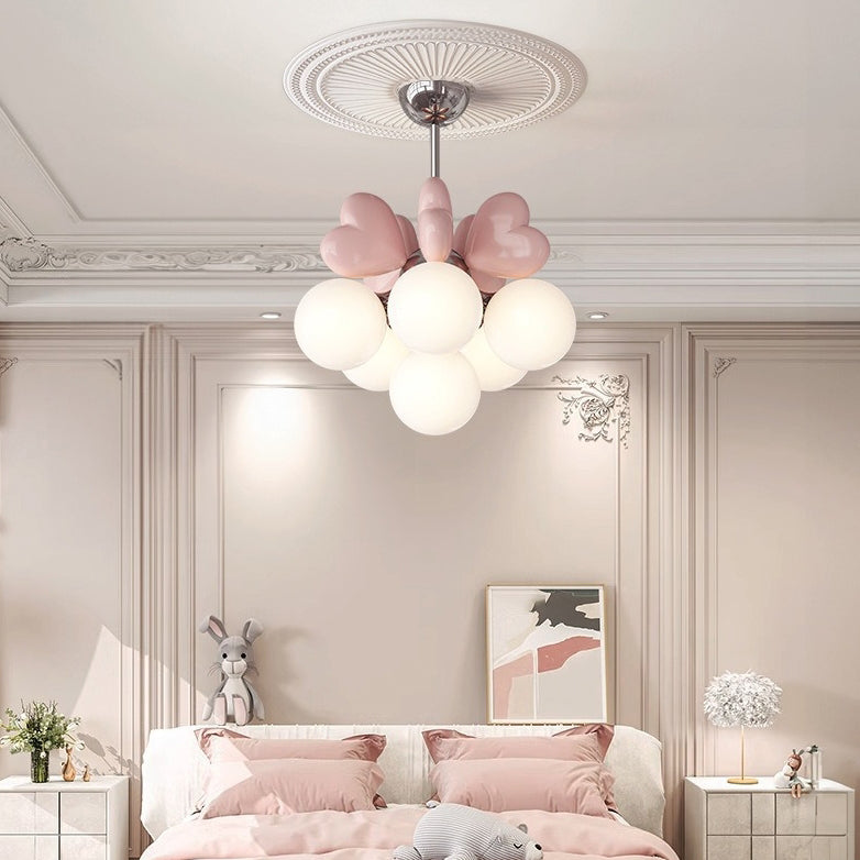 Contemporary Scandinavian Cream Love Heart Kids Round Orb Chandelier 4/6 Light Bedroom Decor