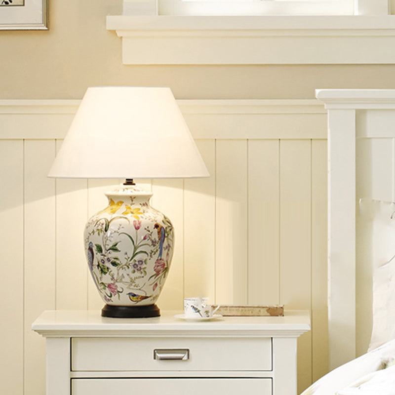 Rustic Bird Flower Table Lamp - Oval Prism Copper Ceramic, 1-Light Fixture for Bedroom Décor