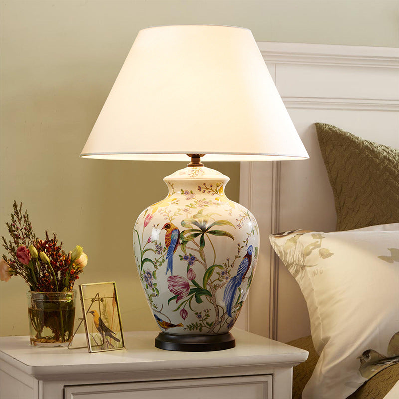 Rustic Bird Flower Table Lamp - Oval Prism Copper Ceramic, 1-Light Fixture for Bedroom Décor