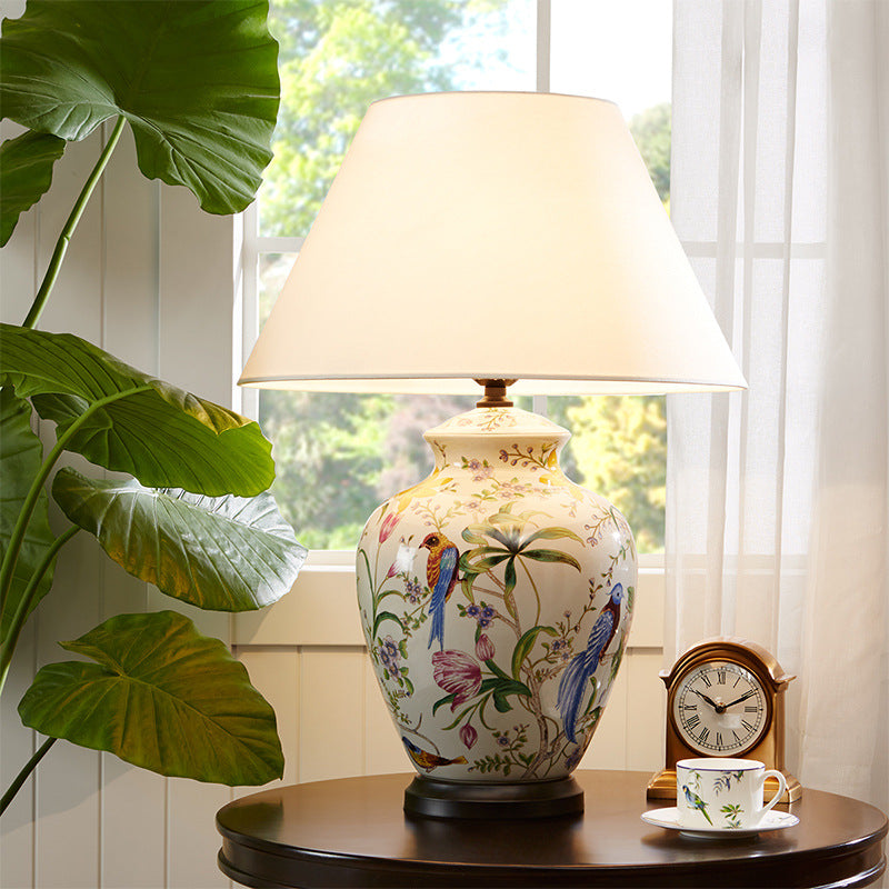 Rustic Bird Flower Table Lamp - Oval Prism Copper Ceramic, 1-Light Fixture for Bedroom Décor