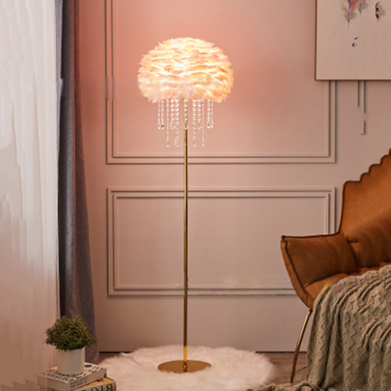 Modern Art Deco Cream Round Iron Crystal Floor Lamp for Bedroom