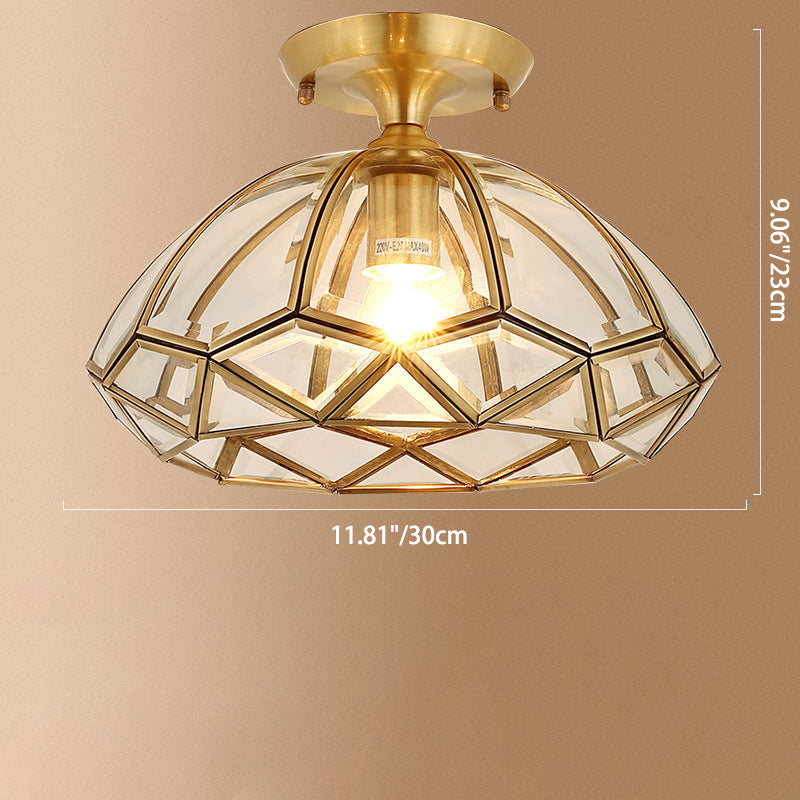 Traditional Vintage Diamond Cone Copper Glass Semi-Flush Mount Ceiling Light for Hallway