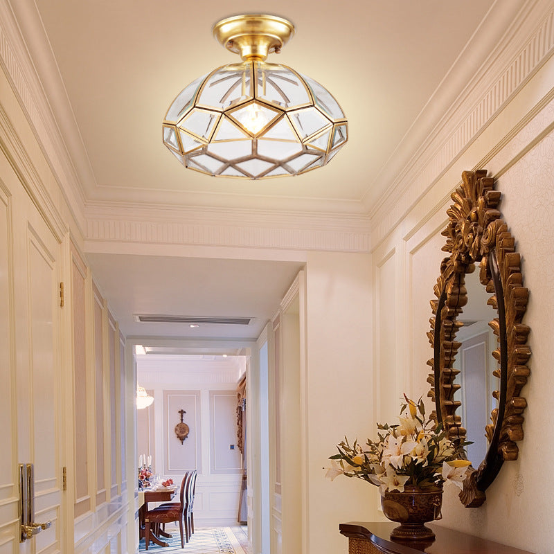 Traditional Vintage Diamond Cone Copper Glass Semi-Flush Mount Ceiling Light for Hallway