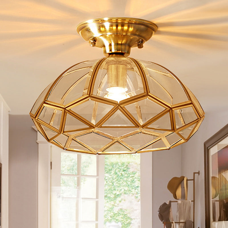 Traditional Vintage Diamond Cone Copper Glass Semi-Flush Mount Ceiling Light for Hallway