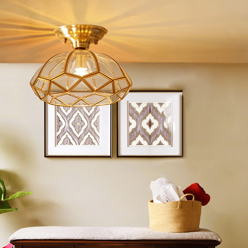 Traditional Vintage Diamond Cone Copper Glass Semi-Flush Mount Ceiling Light for Hallway