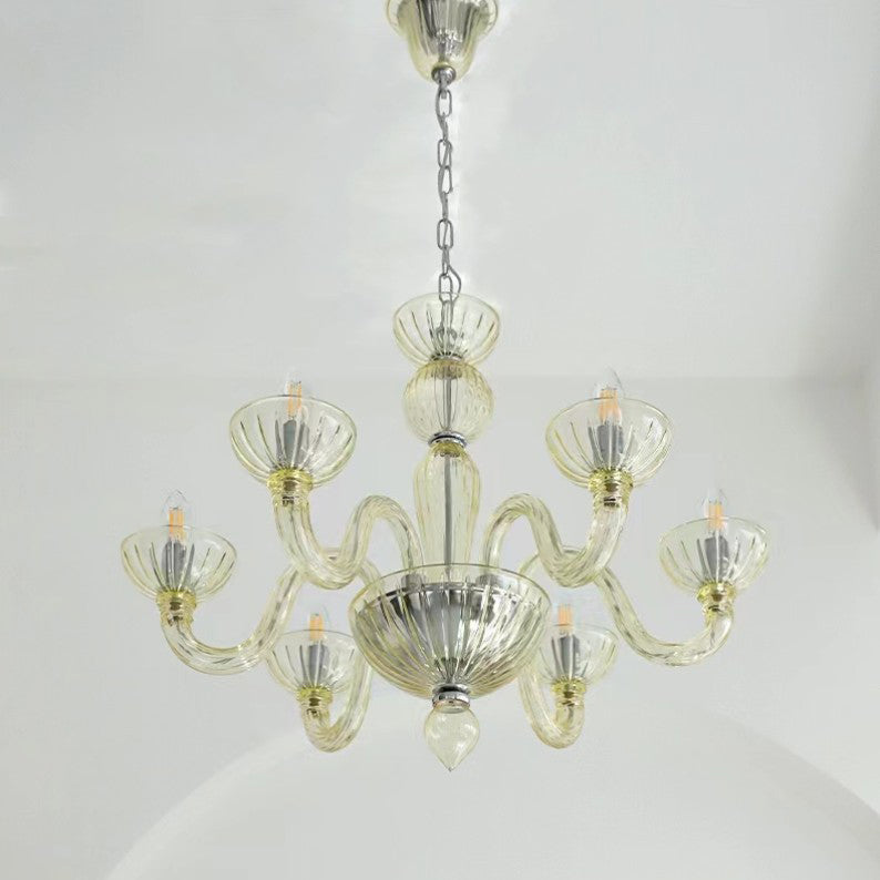 Traditional French Curved Iron Glass 6-Light Chandelier for Living Room