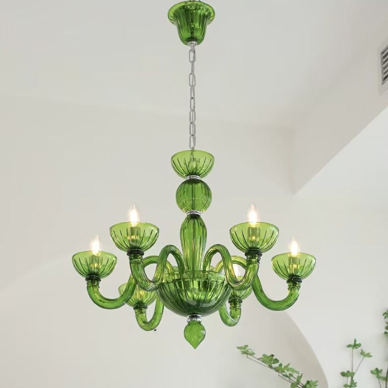 Traditional French Curved Iron Glass 6-Light Chandelier for Living Room