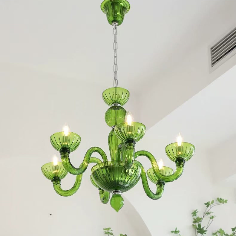 Traditional French Curved Iron Glass 6-Light Chandelier for Living Room