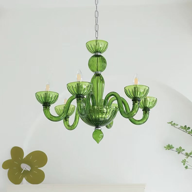 Traditional French Curved Iron Glass 6-Light Chandelier for Living Room