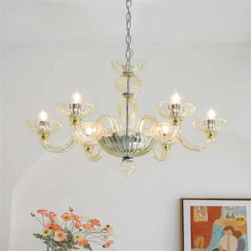 Traditional French Curved Iron Glass 6-Light Chandelier for Living Room