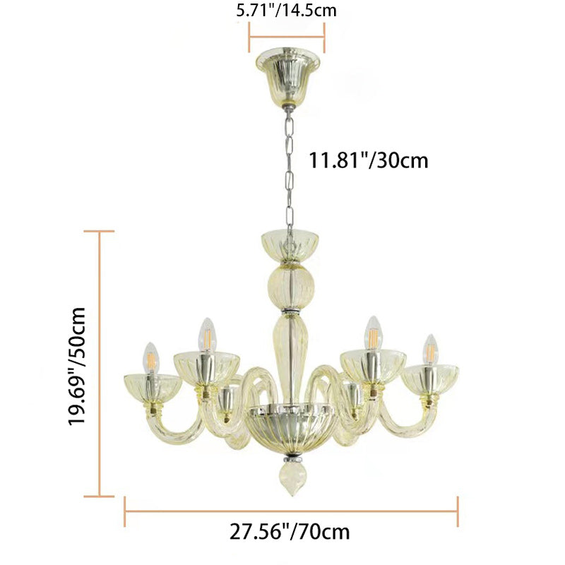 Traditional French Curved Iron Glass 6-Light Chandelier for Living Room