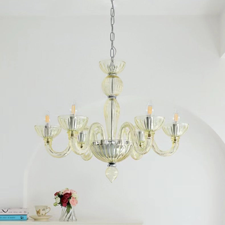 Traditional French Curved Iron Glass 6-Light Chandelier for Living Room