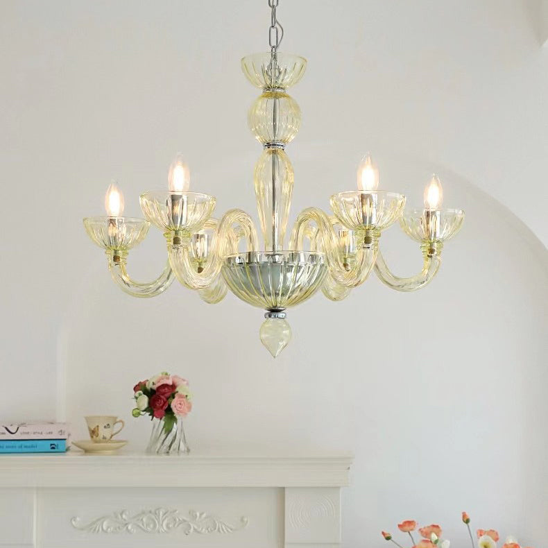 Traditional French Curved Iron Glass 6-Light Chandelier for Living Room