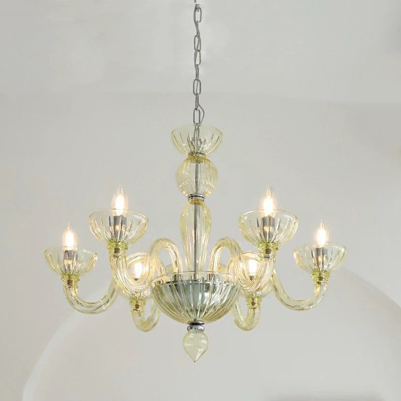 Traditional French Curved Iron Glass 6-Light Chandelier for Living Room