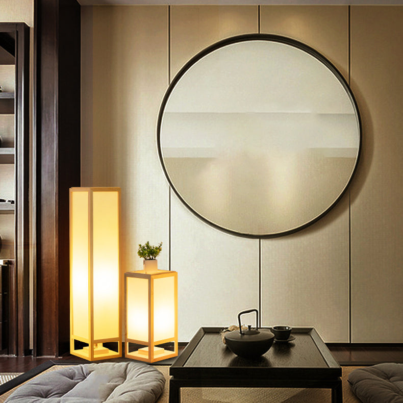 Traditional Japanese Square Rectangle Wood Acrylic Floor Lamp - 1-Light Standing Light for Living Room