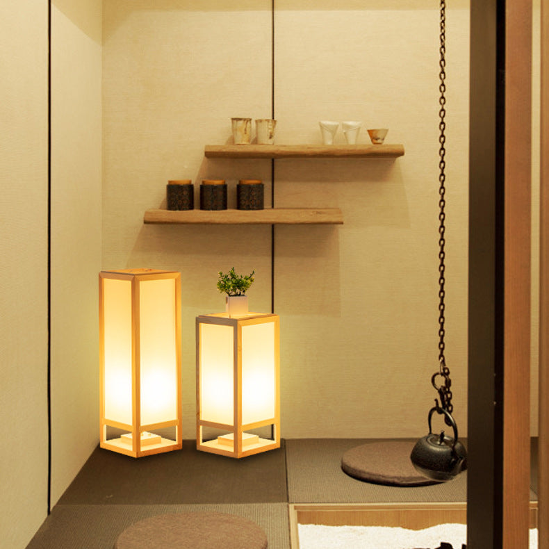 Traditional Japanese Square Rectangle Wood Acrylic Floor Lamp - 1-Light Standing Light for Living Room