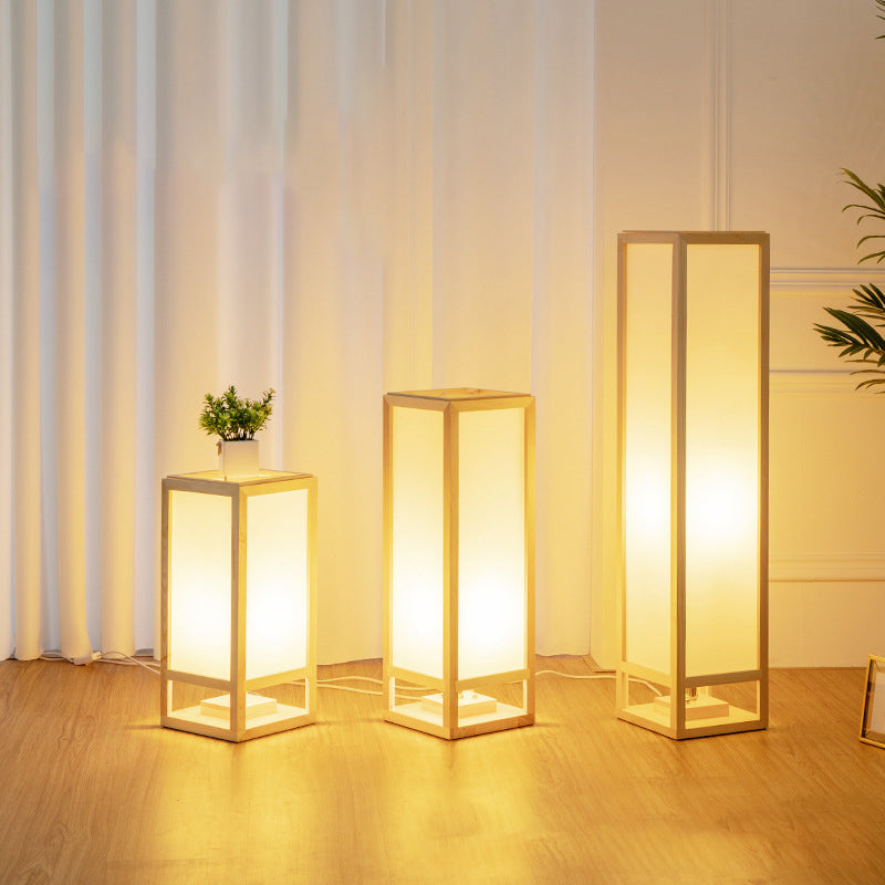 Traditional Japanese Square Rectangle Wood Acrylic Floor Lamp - 1-Light Standing Light for Living Room
