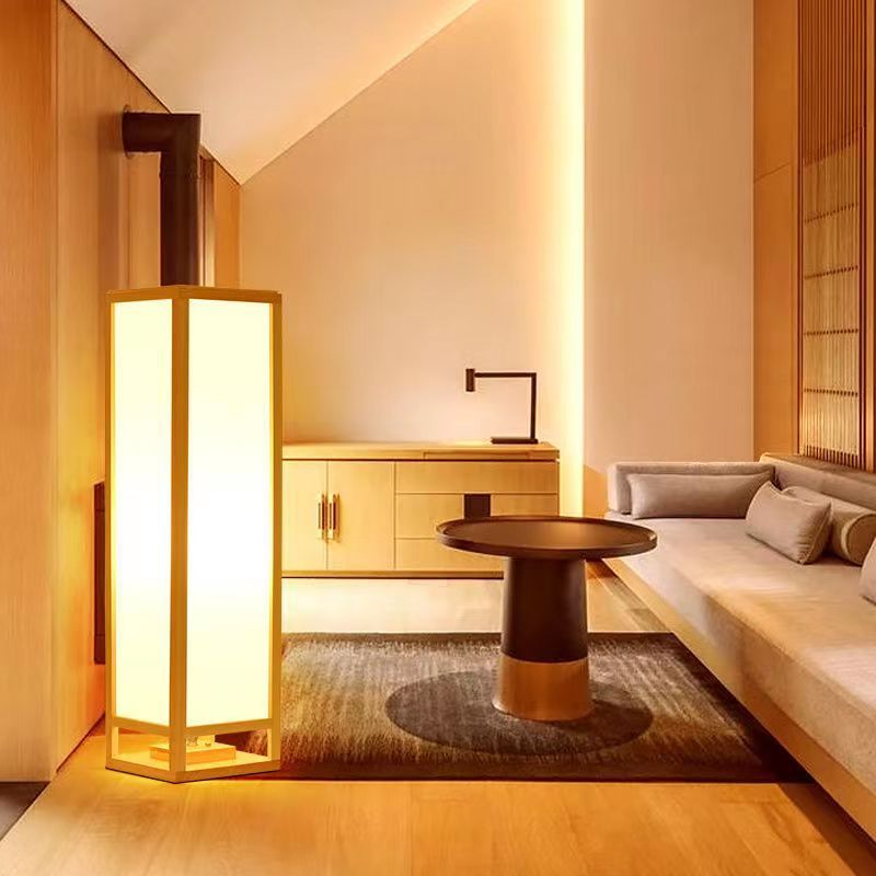 Traditional Japanese Square Rectangle Wood Acrylic Floor Lamp - 1-Light Standing Light for Living Room