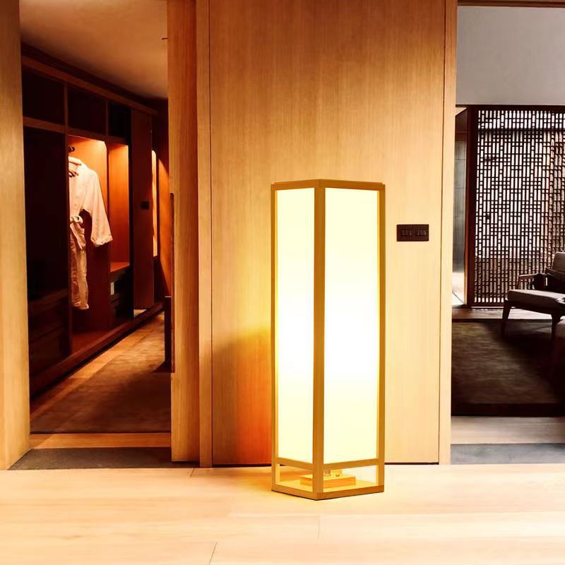 Traditional Japanese Square Rectangle Wood Acrylic Floor Lamp - 1-Light Standing Light for Living Room