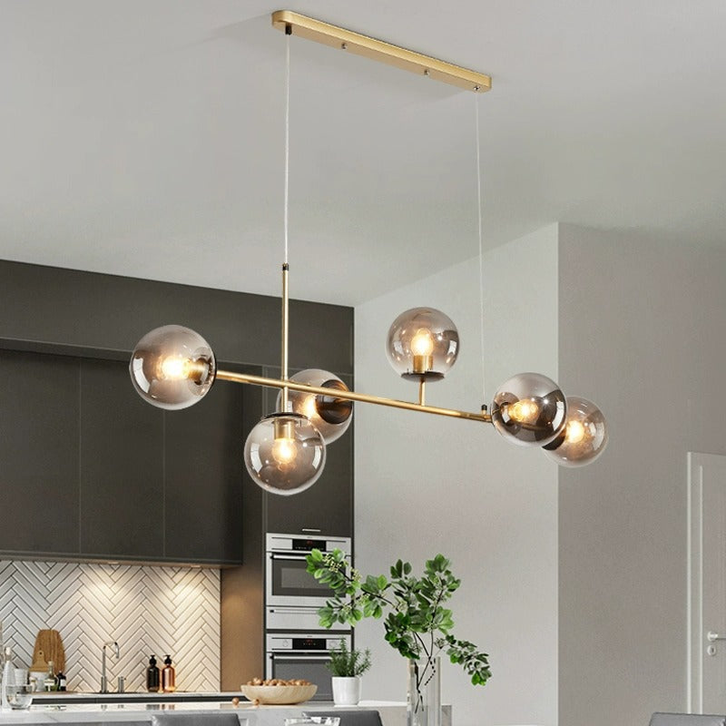 Contemporary Scandinavian Linear Round Orb Iron Glass 6-Light Chandelier Dining Room