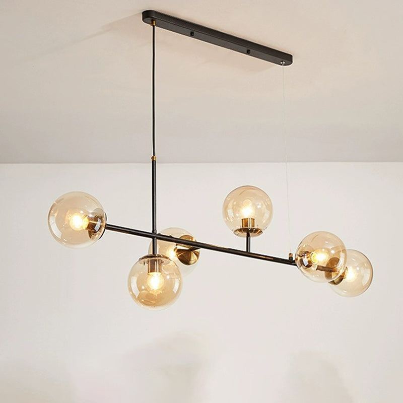 Contemporary Scandinavian Linear Round Orb Iron Glass 6-Light Chandelier Dining Room